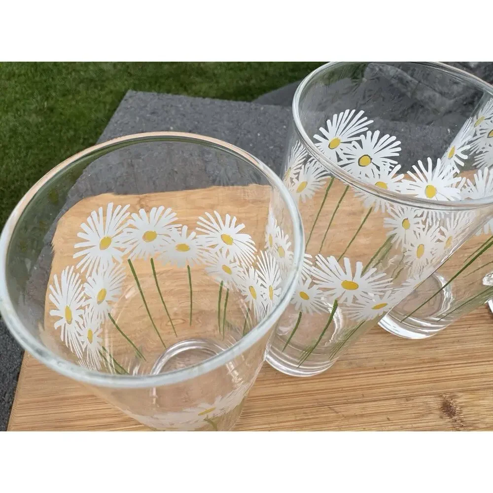 Retro French Daisy Floral Iced Tea Glasses 16oz Made In France